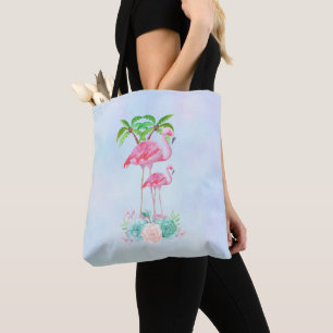 Bolsa Tote Flamingo Momma e Bebê rosa com Palm Trees