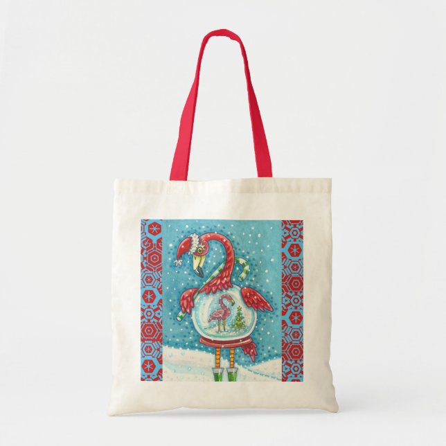 BOLSA TOTE FLAMINGO NATAL BRANCO SNOWGLOBO ORÇAMENTO TOTE BAG (Frente)