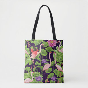 Bolsa Tote Flamingo, plantas tropicais, fundo negro.