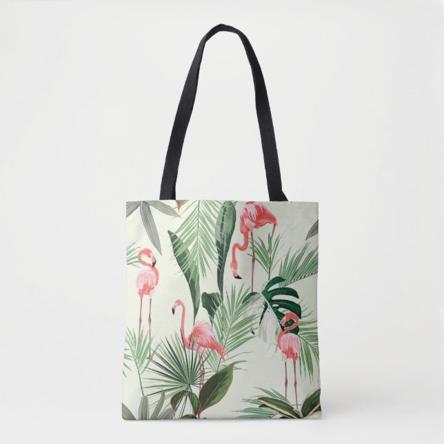 Bolsa Tote Flamingo rosa e flores exóticas, folhas de palma.  (Frente)