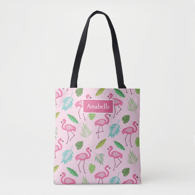 Bolsa Tote Flamingo rosa e monograma das folhas tropicais (Frente)