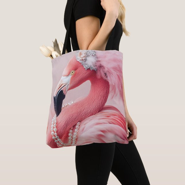 Bolsa Tote Flamingo Rosa Elegante com Pérolas e Penas (Close Up)