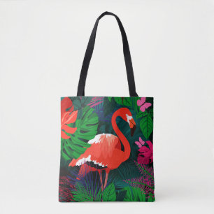 Bolsa Tote Flamingo rosa. Folhas tropicais, borboleta rosa,