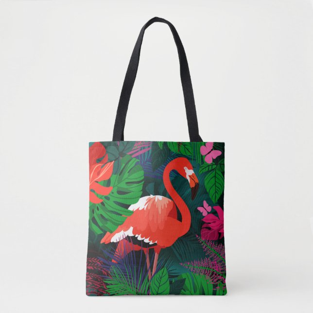 Bolsa Tote Flamingo rosa. Folhas tropicais, borboleta rosa, (Frente)