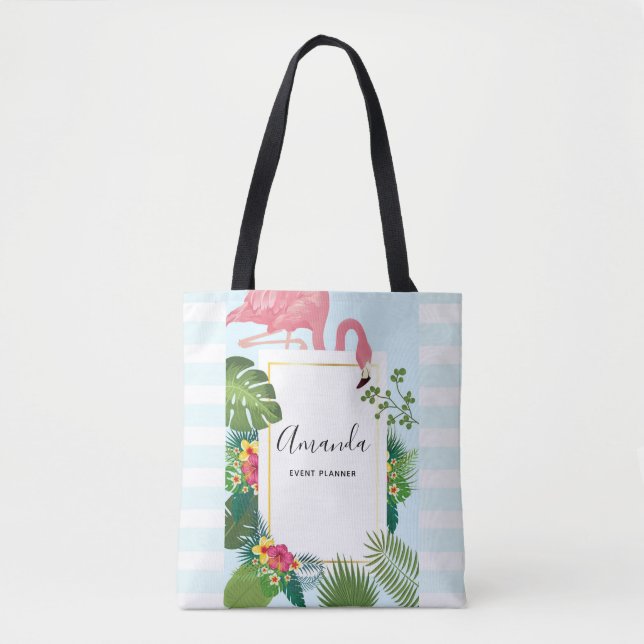 Bolsa Tote Flamingo Rosa na moda e Folhas Tropicais (Frente)