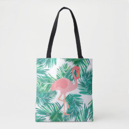 Bolsa Tote flamingo rosa sobre folhas verdes tropicais