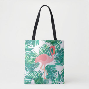 Bolsa Tote flamingo rosa sobre folhas verdes tropicais