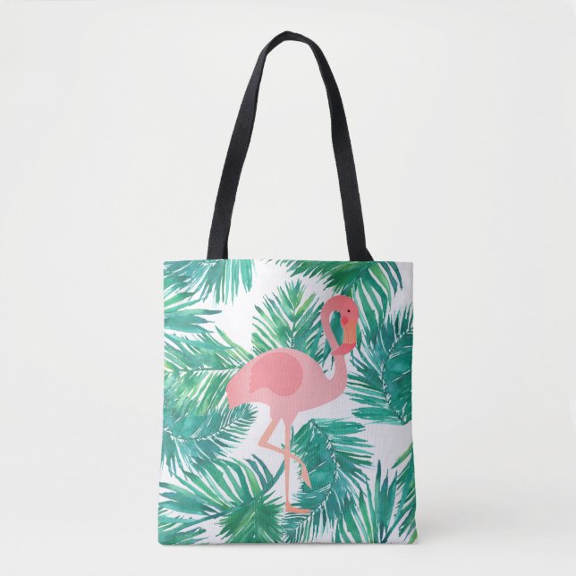 Bolsa Tote flamingo rosa sobre folhas verdes tropicais (Frente)