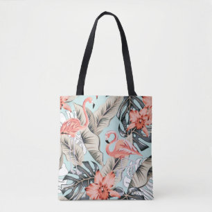 Bolsa Tote Flamingo rosa tropical com flores de orquídeas e