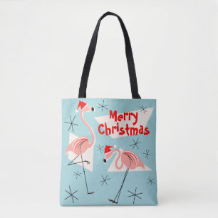 Bolsa Tote Flamingo Santas Azul Feliz Natal por toda parte