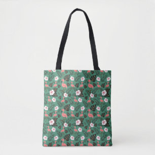 Bolsa Tote Flamingo seamless pattern pink on green background