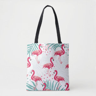 Bolsa Tote Flamingo tropical e folhas, padrão de verão.