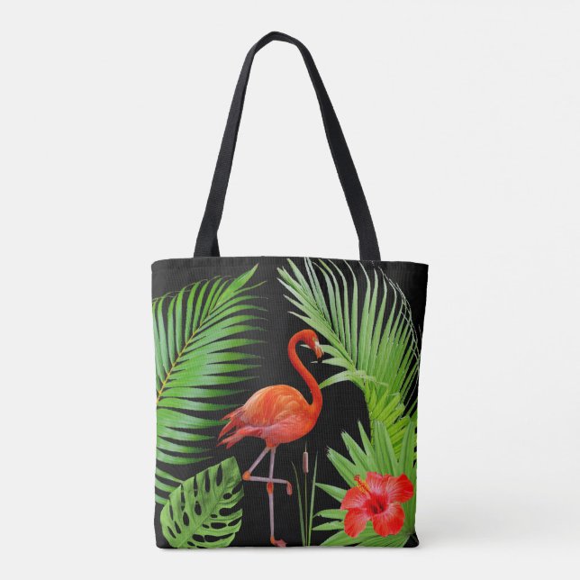Bolsa Tote Flamingo Vermelho, Hibiscus e Folhas de Palma em P (Verso)