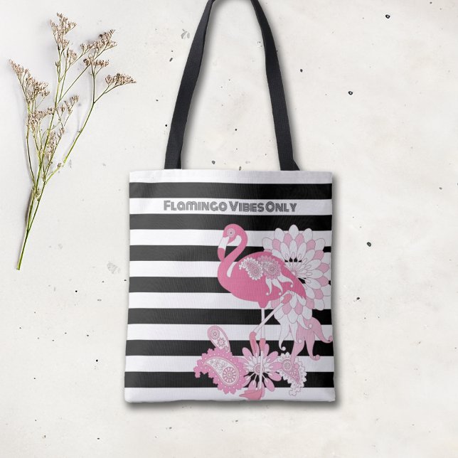 Bolsa Tote Flamingo Vibes Apenas Black & White Stripes Flamin (Criador carregado)