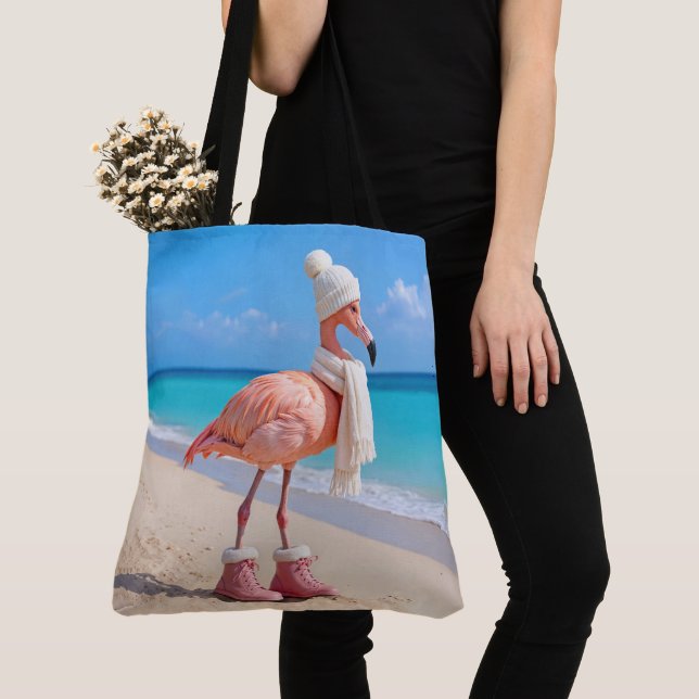Bolsa Tote Flamingo Wearing Winter Scarf and Hat (Close Up)