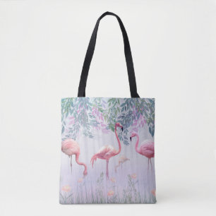 Bolsa Tote Flamingos cor-de-rosa da família dos brancos tropi