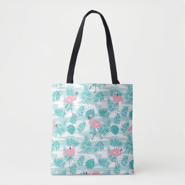 Bolsa Tote flamingos cor-de-rosa, palmeiras verdes, tropicais (Frente)