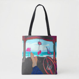 Bolsa Tote Flamingos de cena de praia em viagem Monograma