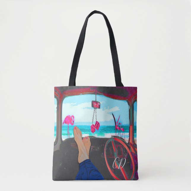Bolsa Tote Flamingos de cena de praia em viagem Monograma (Frente)