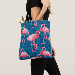 Bolsa Tote Flamingos em folhas de bananas azuis