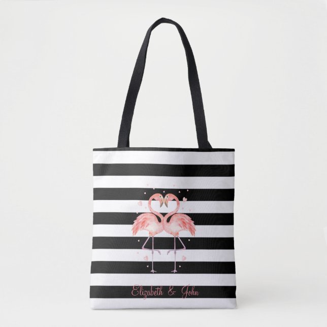 Bolsa Tote Flamingos Fofos Apaixonados,Listras Pretas e Branc (Frente)