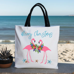 Bolsa Tote Flamingos Natal Saudação Azul