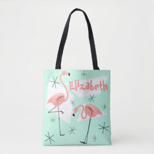 Bolsa Tote Flamingos Nome Verde Retroativo em várias costas