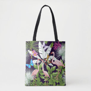 Bolsa Tote Flamingos, plantas tropicais: padrão de colheita.