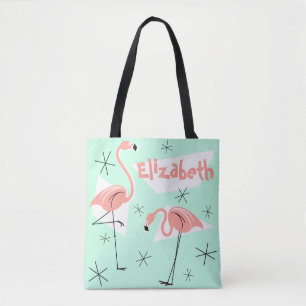 Bolsa Tote Flamingos Retro Green Name (Nome verde retrô) veri