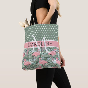 Bolsa Tote Flamingos Rosa Bege Personalizados Padrão Folhas d