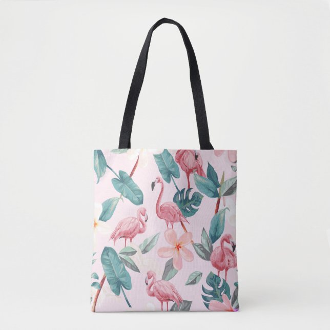 Bolsa Tote flamingos sem costura e flores tropicais ilustrado (Frente)