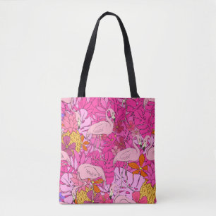 Bolsa Tote Flamingos sobre fundo de folhas tropicais e f