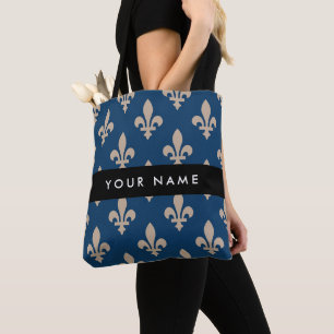 Bolsa Tote Fleur de Lis, Bege sobre Azul Marinho, Real, Seu N