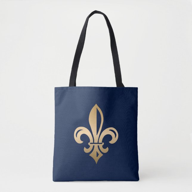 Bolsa Tote Fleur de Lis, Dourado e luxuoso, ao Marinho (Frente)
