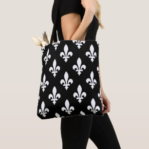 Bolsa Tote Fleur de Lis Pattern, Royal French, branco a preto
