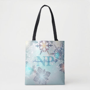 Bolsa Tote Floco de neve azul-gelo branco Nome personalizado