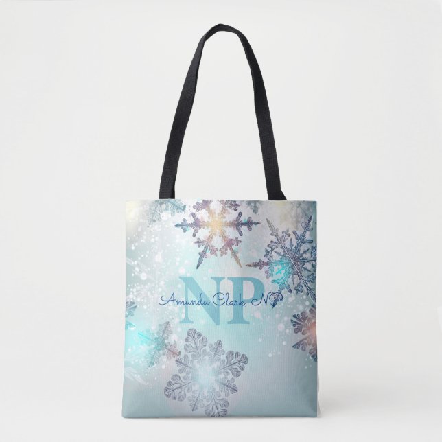 Bolsa Tote Floco de neve azul-gelo branco Nome personalizado  (Frente)