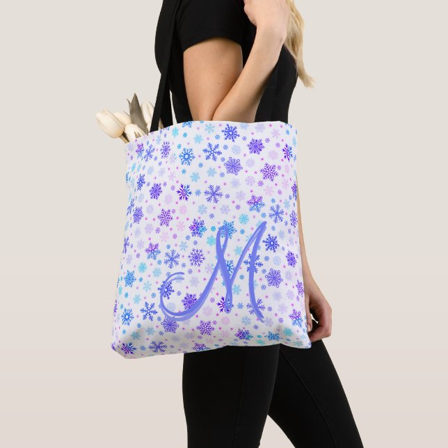Bolsa Tote Floco de neve Pastel Rosa e Azul Elegante Monogram (Close Up)