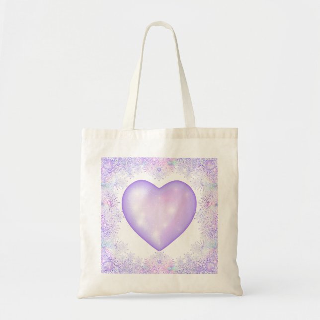 Bolsa Tote floco de neve roxo leve e coração brilhando (Frente)