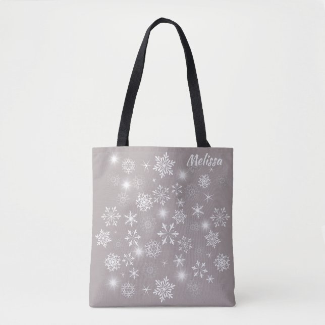 Bolsa Tote Flocos de neve brancos brilhantes de inverno (Frente)