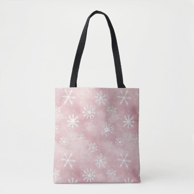 Bolsa Tote Flocos de Neve Brancos Rosa Natal (Frente)