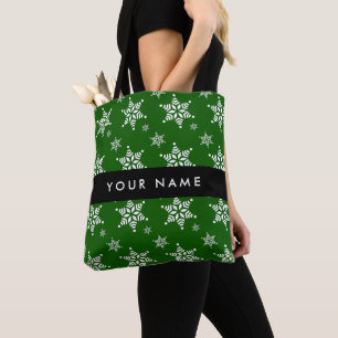Bolsa Tote Flocos de Neve Brancos, Verde, Seu nome, Personali