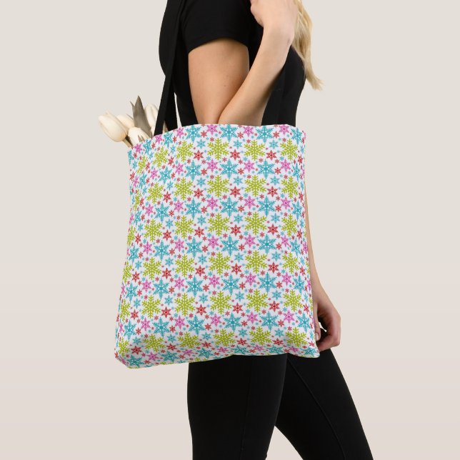 Bolsa Tote Flocos de Neve Coloridos de Natal Retro  (Close Up)