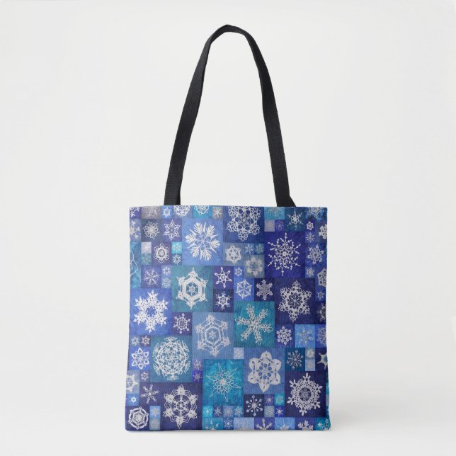 Bolsa Tote Flocos de Neve Crochê Azul Patchwork Digital (Frente)