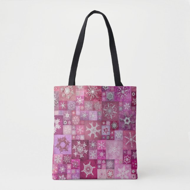 Bolsa Tote Flocos de Neve Crochê Rosa Patchwork Digital (Frente)