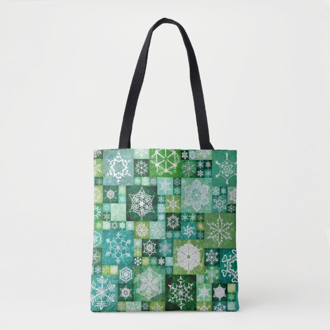 Bolsa Tote Flocos de Neve Crochê Verde Patchwork Digital (Frente)