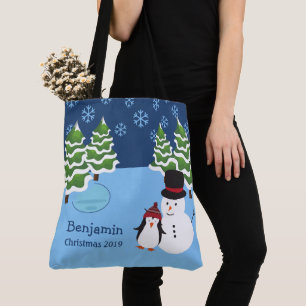 Bolsa Tote Flocos de neve de Natal com Pinguim e Nome