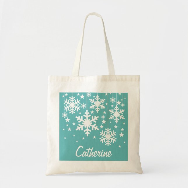 Bolsa Tote Flocos de neve e estrelas Saco de Tota, Aqua (Frente)