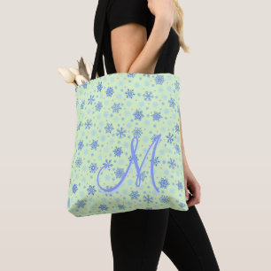 Bolsa Tote Flocos de neve Monograma Elegante Moderno Verde Pa