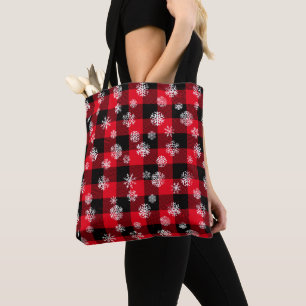 Bolsa Tote Flocos de neve Xadrez de búfalo vermelho padrão 